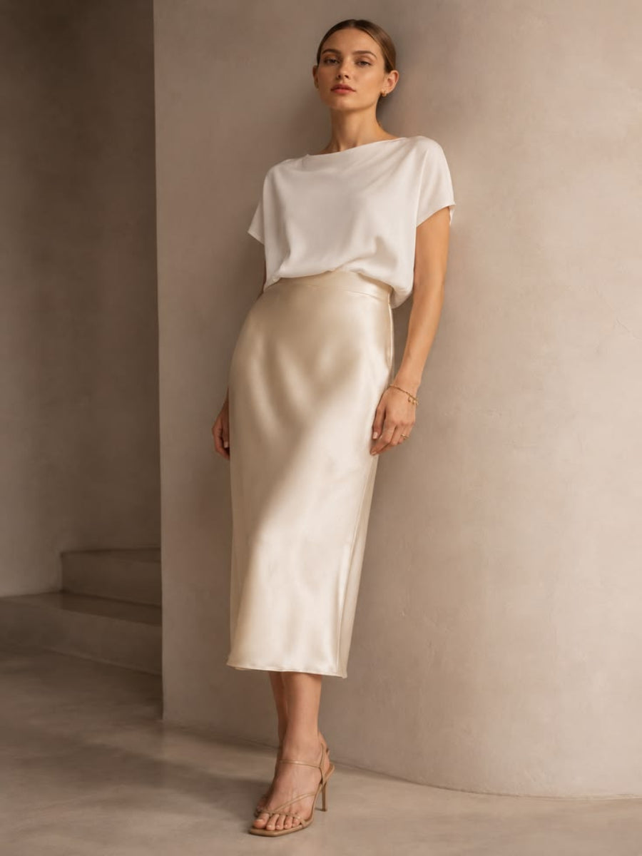 Elara Satin Midi Skirt in Taupe