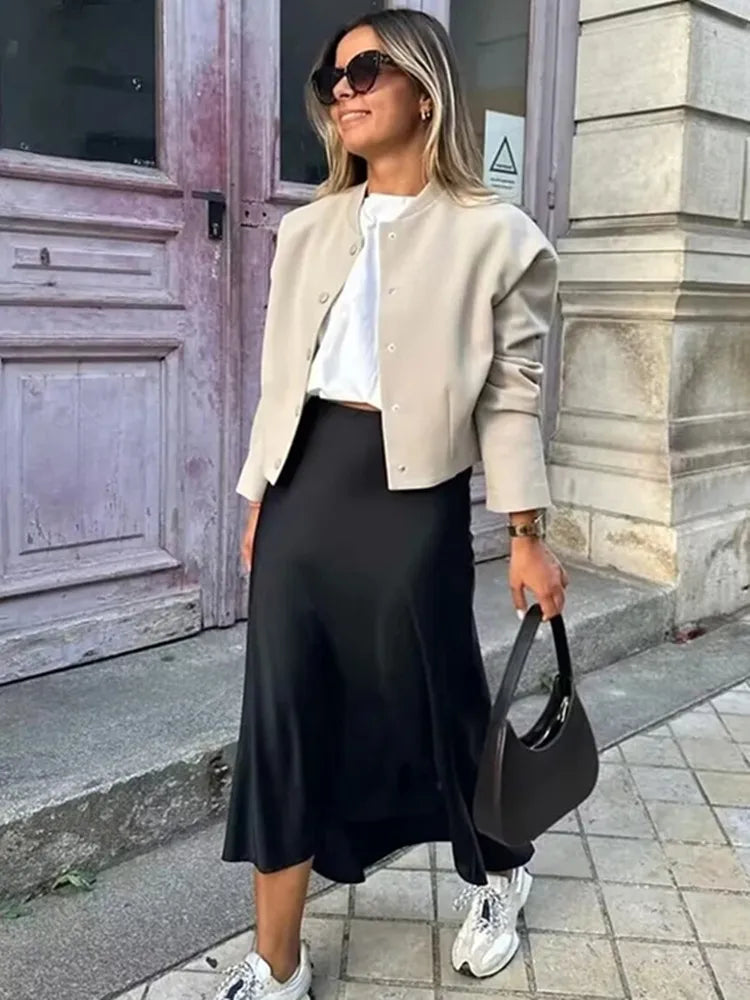 Elara Satin Midi Skirt in Black