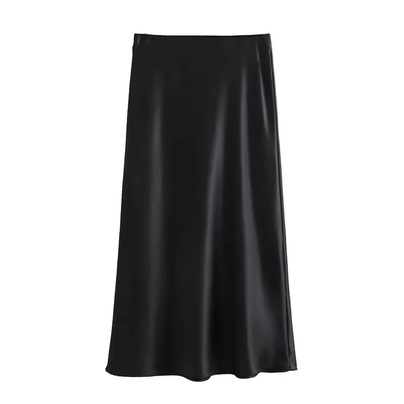 Elara Satin Midi Skirt in Black