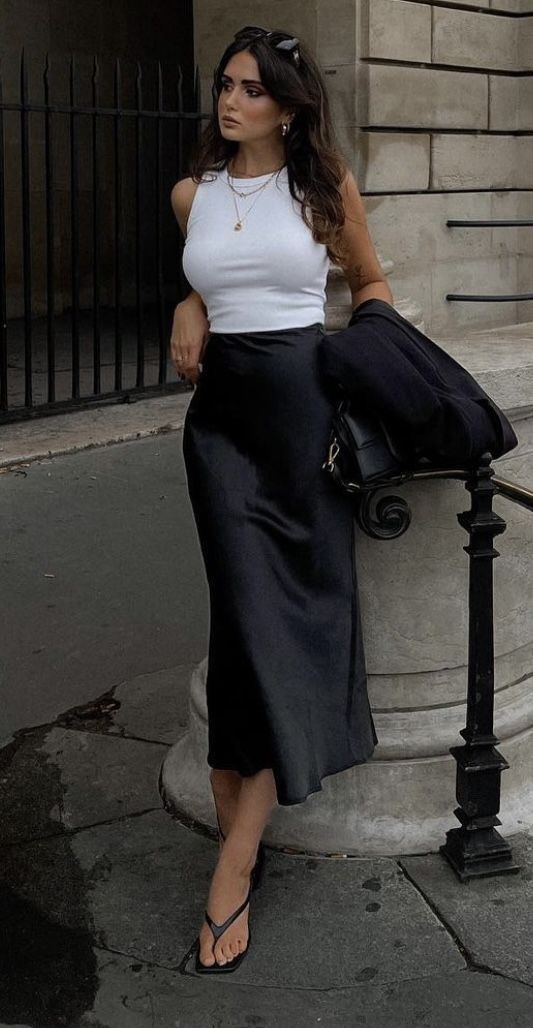 Elara Satin Midi Skirt in Black