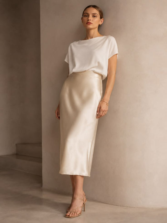 Elara Satin Midi Skirt in Taupe