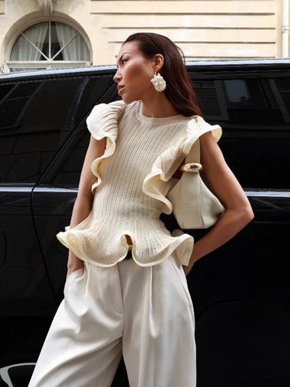 Bellamare Ruffle Trim Ribbed Knit Top