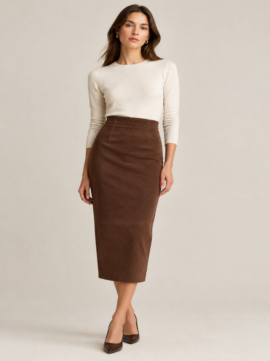 Asolo Suede Back Slit Midi Skirt