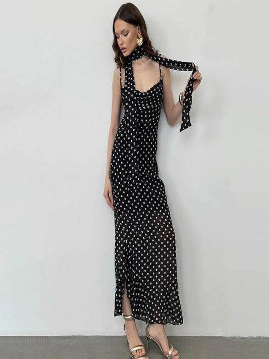 Isabeau Polka Dot Ruffle Halter Maxi Dress