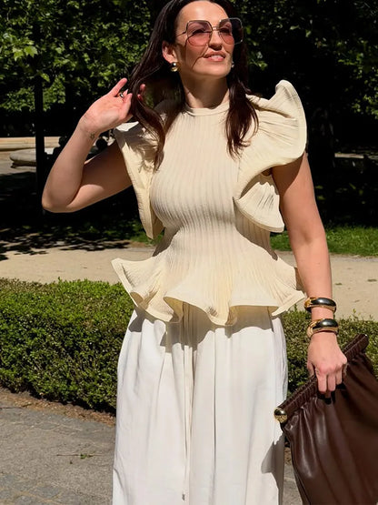 Bellamare Ruffle Trim Ribbed Knit Top