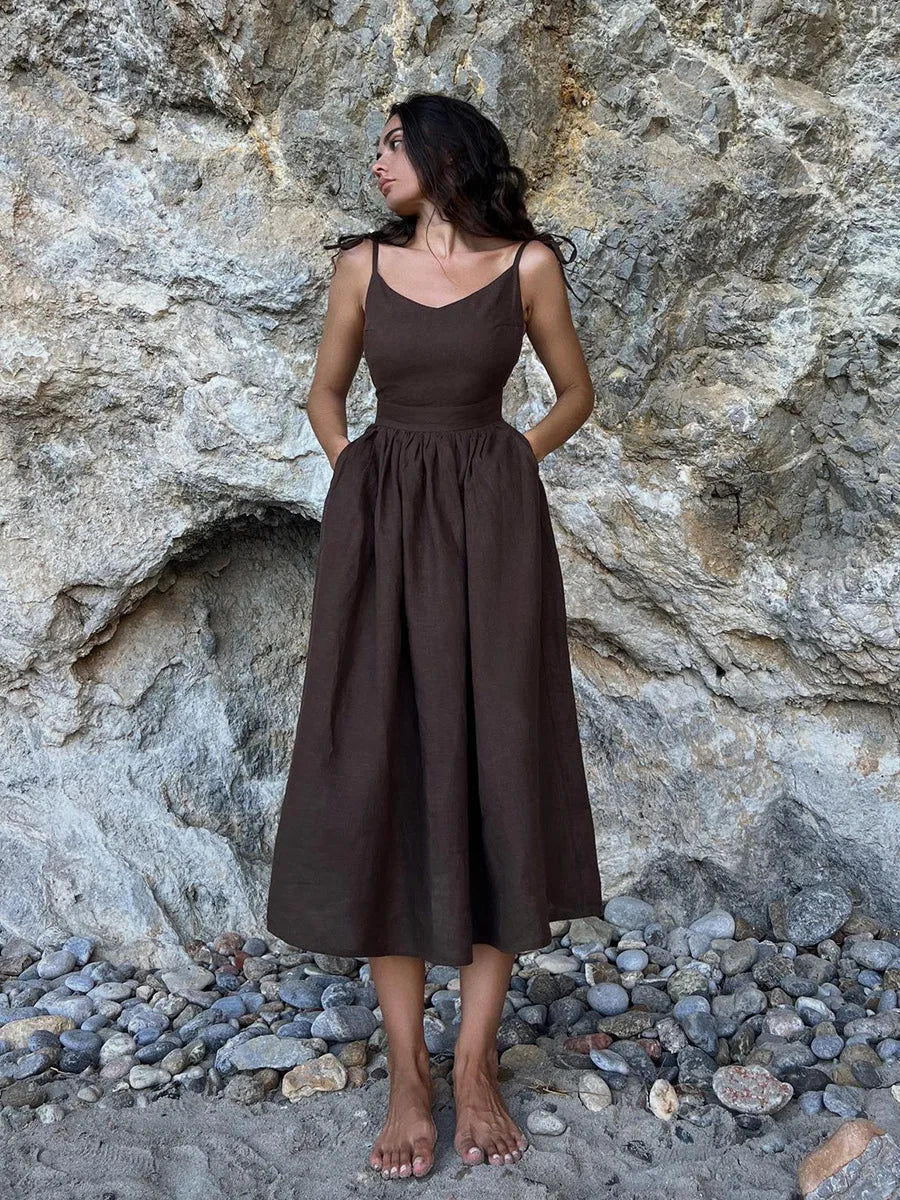 Doriane Lace-Up Linen Maxi Dress
