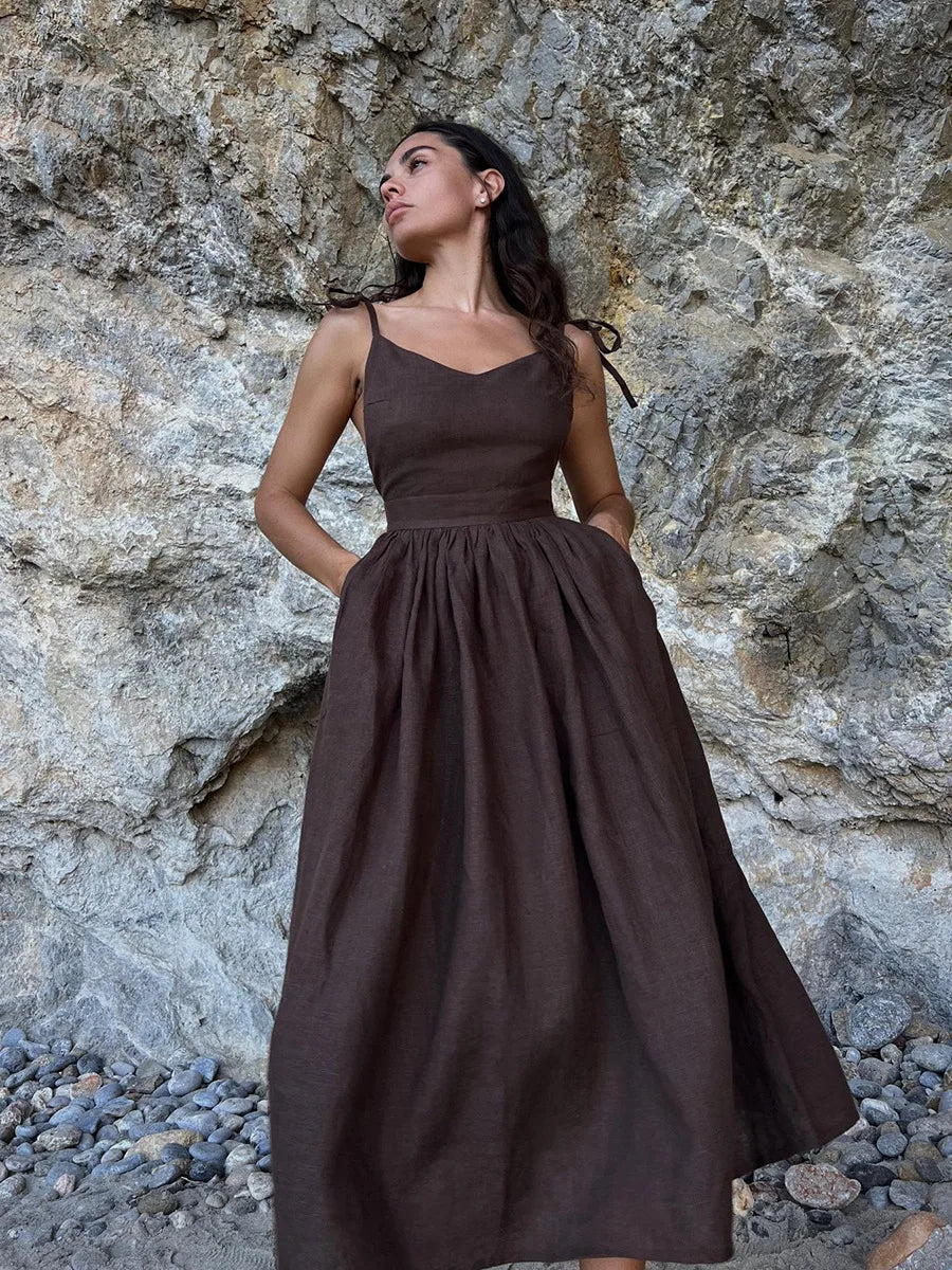 Doriane Lace-Up Linen Maxi Dress