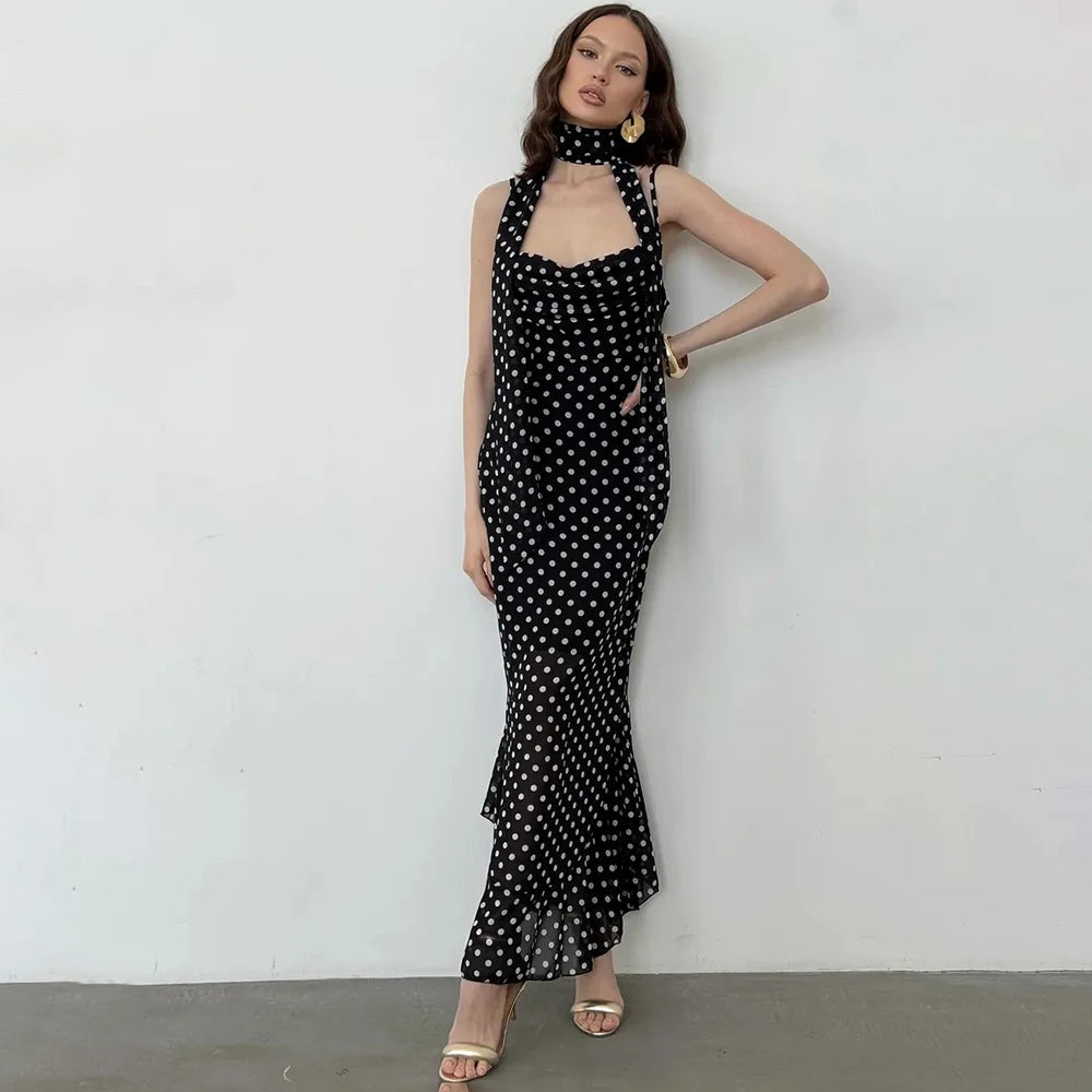 Isabeau Polka Dot Ruffle Halter Maxi Dress