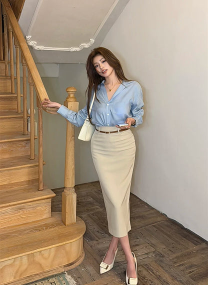 Celeste High Waist Beige Pencil Skirt