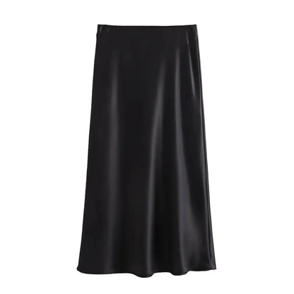 Elara Satin Midi Skirt in Black