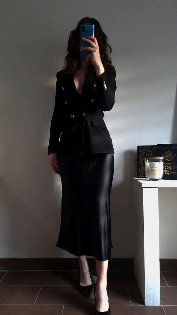 Elara Satin Midi Skirt in Black