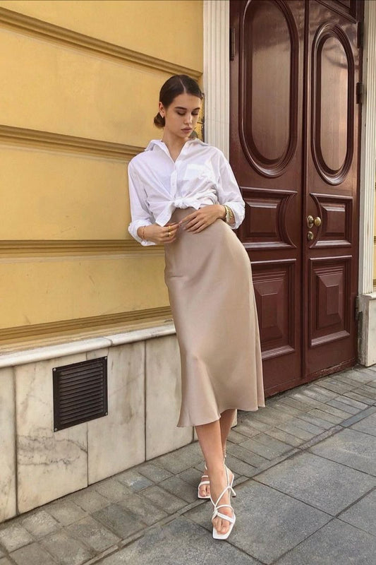 Elara Satin Midi Skirt in Taupe