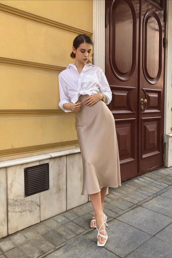 Elara Satin Midi Skirt in Taupe